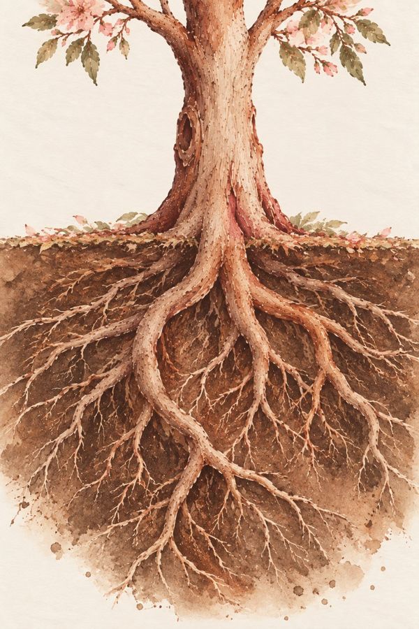 Raízes de árvore na terra, em aquarela