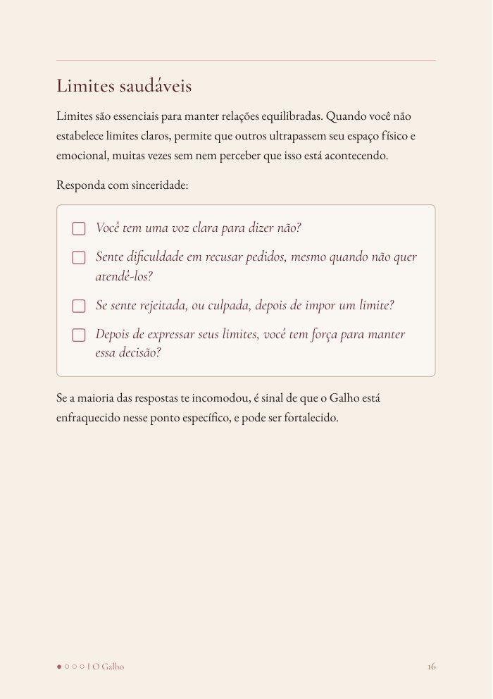 Página sobre limites saudáveis, com perguntas para marcar