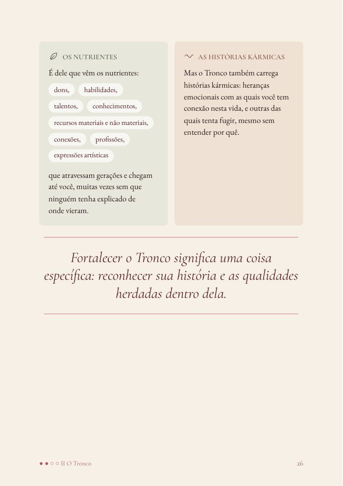 Página sobre os nutrientes e as histórias kármicas do Tronco